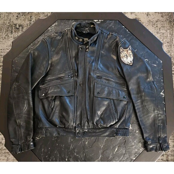 HEIN GERICKE Vtg Black Leather Jacket Mens S M 44 Motorcycle Biker Eagle Wolf - Picture 2 of 13